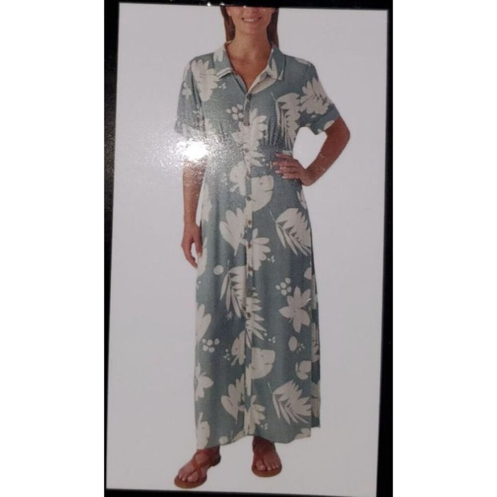 O'Neill XXL Claire Tropical Short Sleeve Collar Sundress Slit Maxi Dress Green - Picture 8 of 16